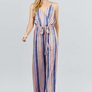 Plus Size Striped Print Belted Jumpsuit